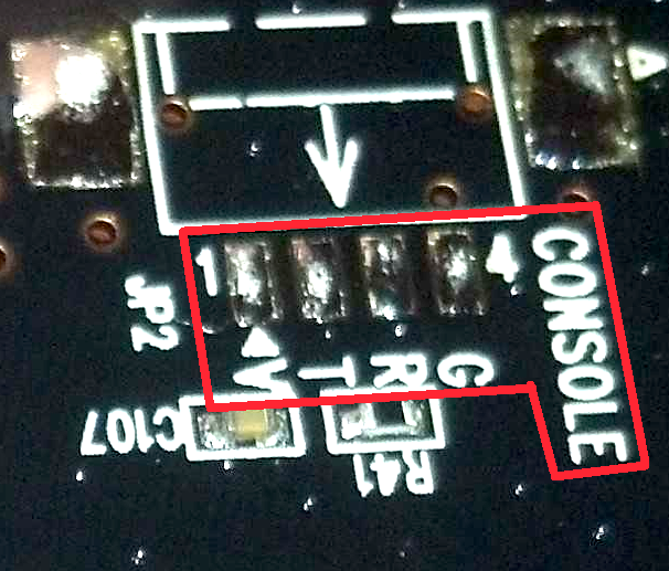 PCB with silk-screened labels V, T, R, and G identifying the UART pinout