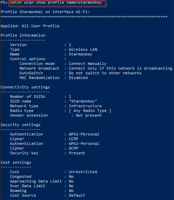 Detailed netsh output for the starmonkey profile showing connectivity, security, and cost settings