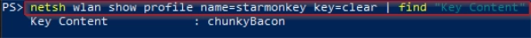 Filtered netsh output showing only the Key Content line with the WiFi password