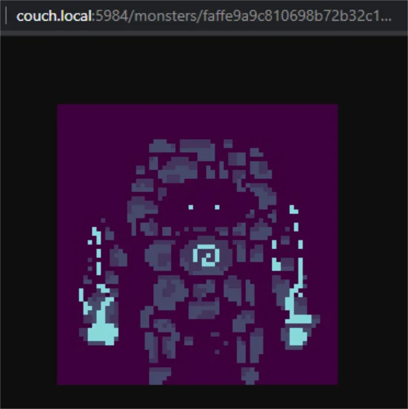 CouchDB Fauxton UI showing a sprite image uploaded as an attachment to the Rock Golem document
