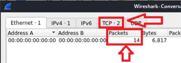Wireshark showing only 14 packets across 2 sessions after adding the custom probe
