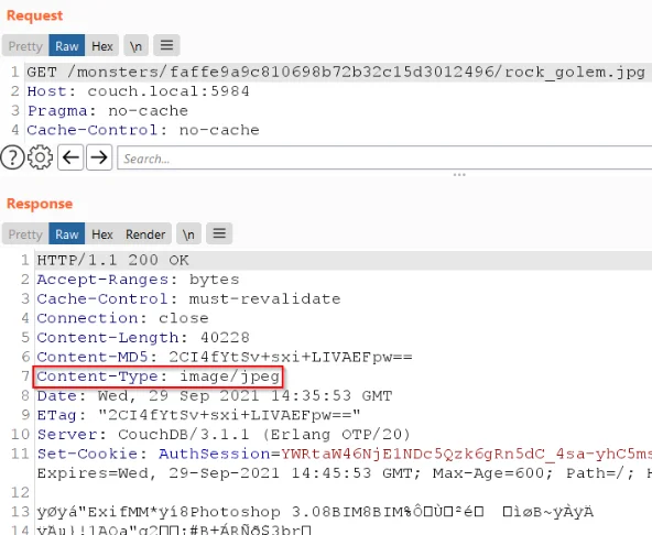 HTTP response headers showing CouchDB returning the stored content-type when serving the attachment