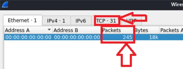 Wireshark capture showing 245 packets across 31 sessions from the baseline NMAP scan