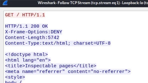 Wireshark showing successful HTTP/1.1 request and response from Chrome debug port