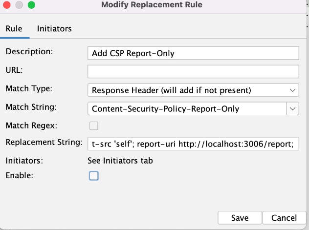 ZAP Replacer rule configured for Content-Security-Policy-Report-Only header