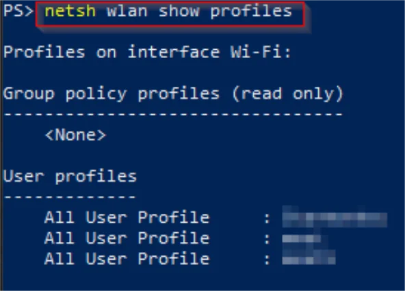 PowerShell output from netsh wlan show profiles listing all saved wireless network profiles