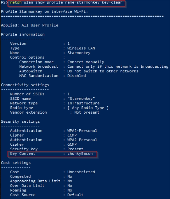 Netsh output with key=clear showing the Key Content field containing the cleartext WiFi password