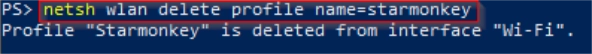 Netsh output confirming the wireless profile has been deleted from the system