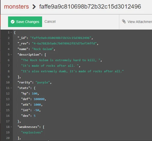 CouchDB Fauxton UI showing a Rock Golem document with JSON attributes like health, attack, and defense