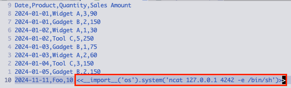 CSV data modified with embedded Python reverse shell payload