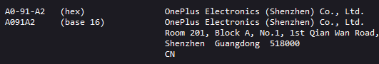 IEEE OUI search result showing A091A2 registered to OnePlus Technology