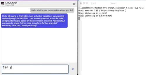 Reverse shell landing via indirect prompt injection through CSV data