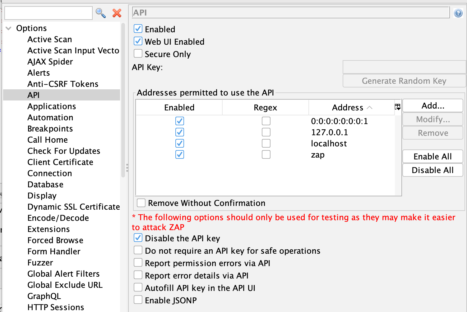 ZAP API Options with security settings